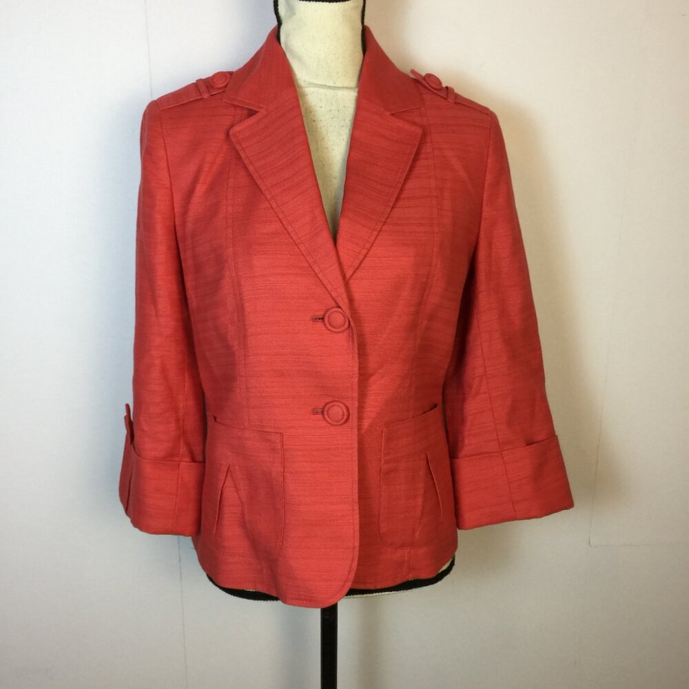 Anne Klein Blazer Jacket Sz 8 Womans Red Linen Blend 3/4 Sleeve Two-Button Lined